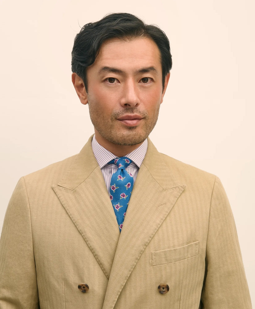 Slim Fit Cotton-Linen Herringbone Double-Breasted Suit Jacket