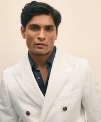 Slim Fit Cotton-Linen Herringbone Double-Breasted Suit Jacket