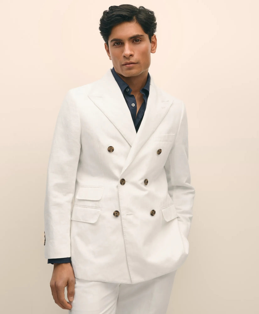 Slim Fit Cotton-Linen Herringbone Double-Breasted Suit Jacket