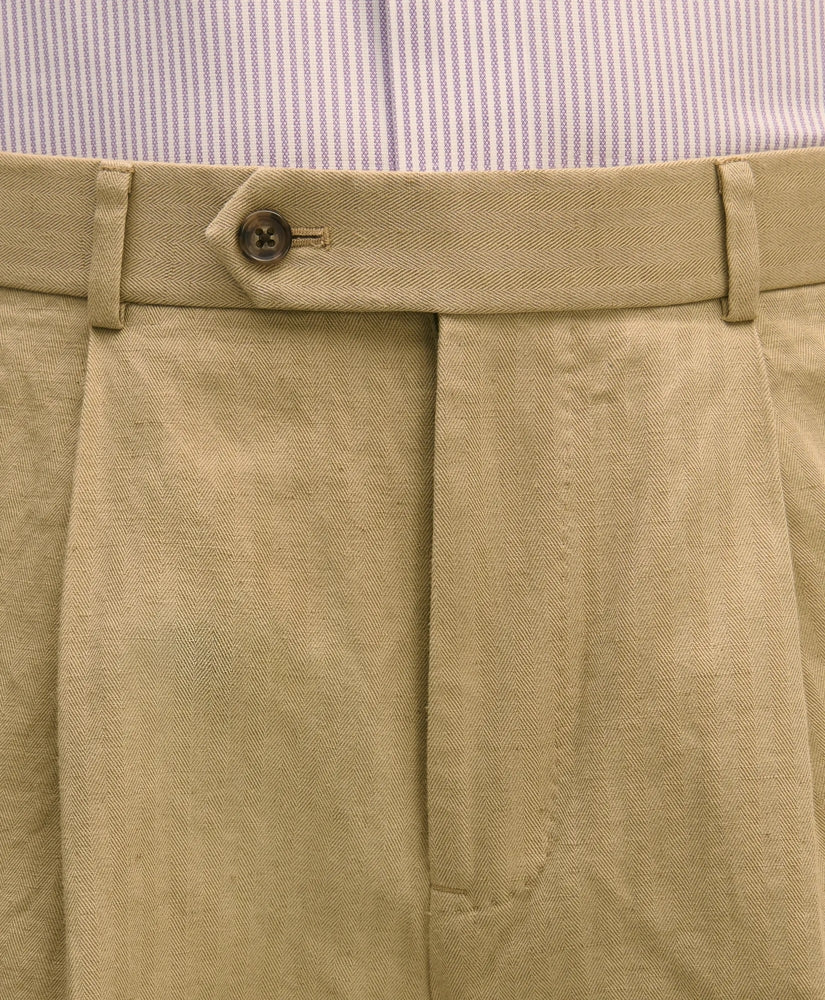 Slim Fit Cotton-Linen Herringbone Single-Pleat Suit Pants