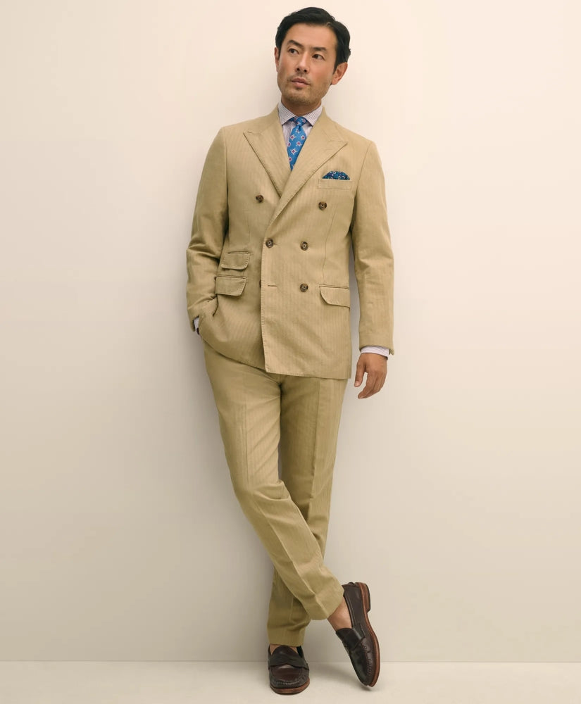 Slim Fit Cotton-Linen Herringbone Single-Pleat Suit Pants