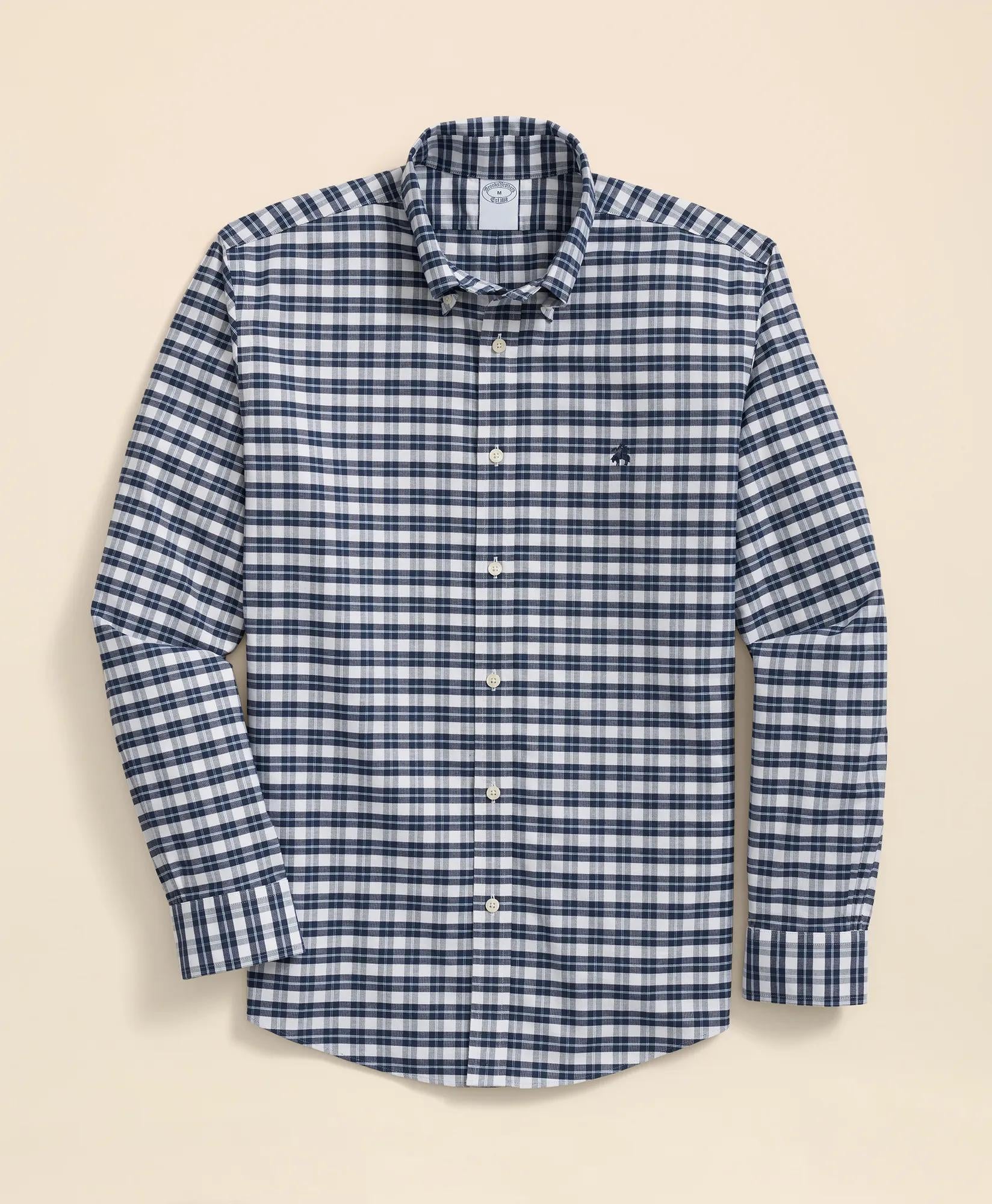 Stretch Cotton Non-Iron Oxford Polo Button Down Collar, Checked Shirt