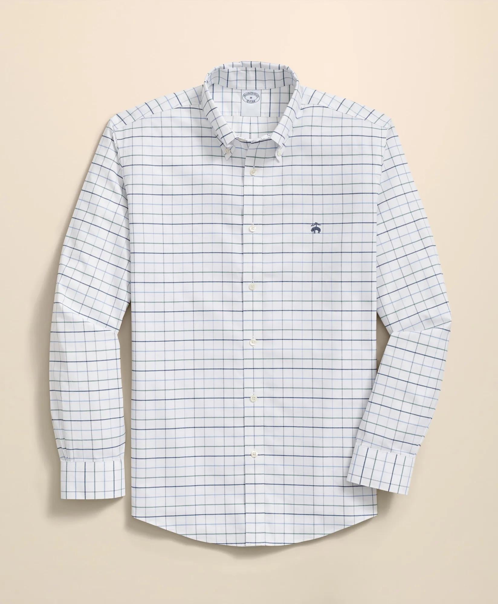 Stretch Cotton Non-Iron Oxford Polo Button Down Collar, Fine Windowpane Shirt