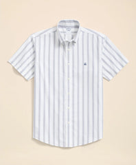 Stretch Cotton Non-Iron Oxford Polo Button Down Collar, Striped Short-Sleeve Shirt