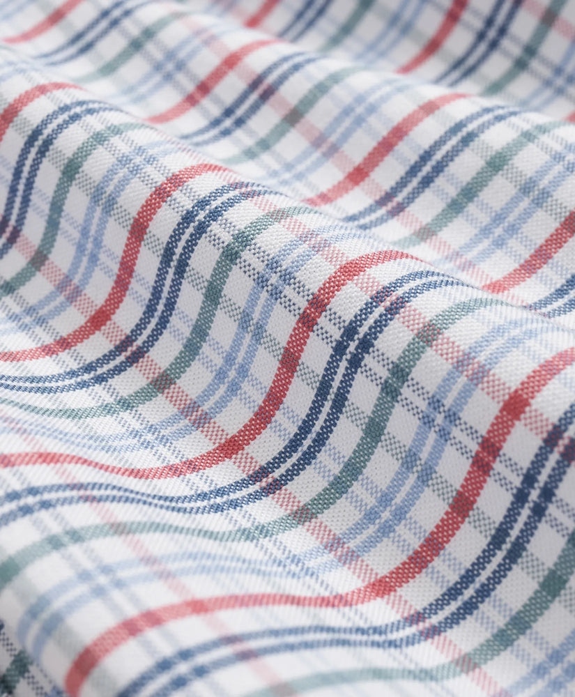 Stretch Cotton Non-Iron Oxford Polo Button Down Collar, Windowpane Short-Sleeve Shirt