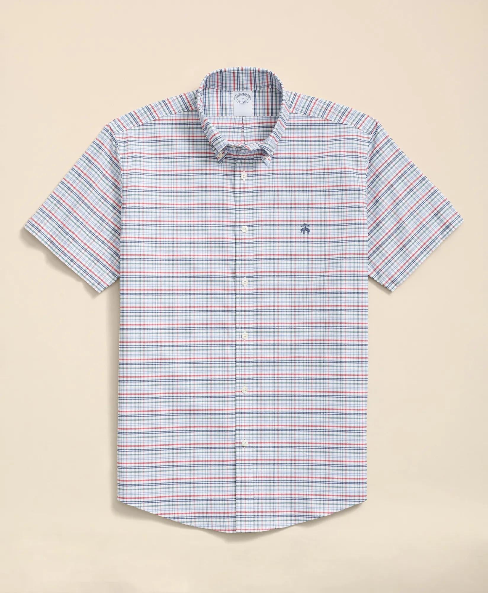Stretch Cotton Non-Iron Oxford Polo Button Down Collar, Windowpane Short-Sleeve Shirt