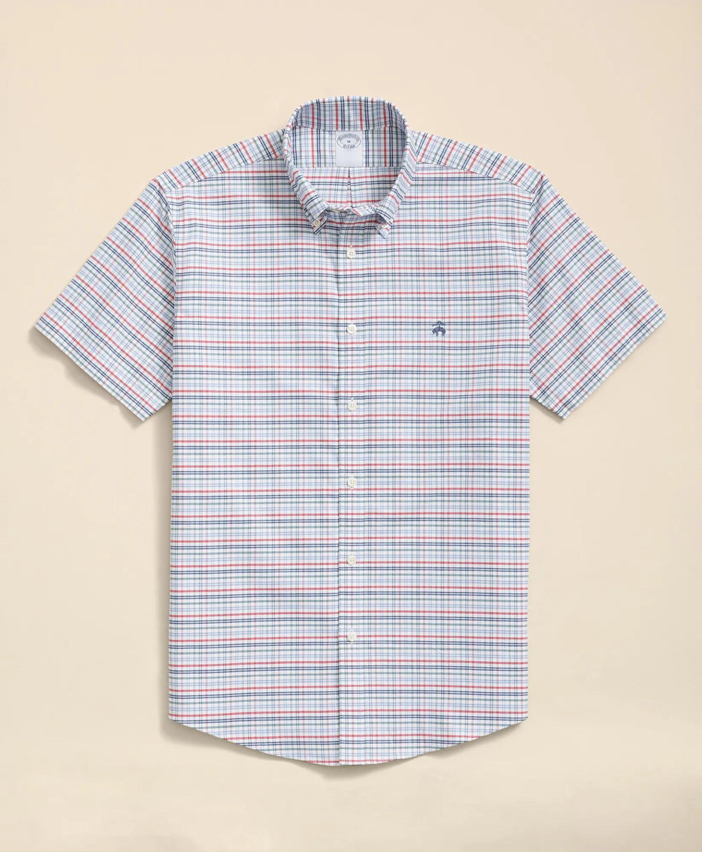 Stretch Cotton Non-Iron Oxford Polo Button Down Collar, Windowpane Short-Sleeve Shirt