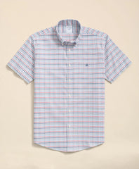 Stretch Cotton Non-Iron Oxford Polo Button Down Collar, Windowpane Short-Sleeve Shirt