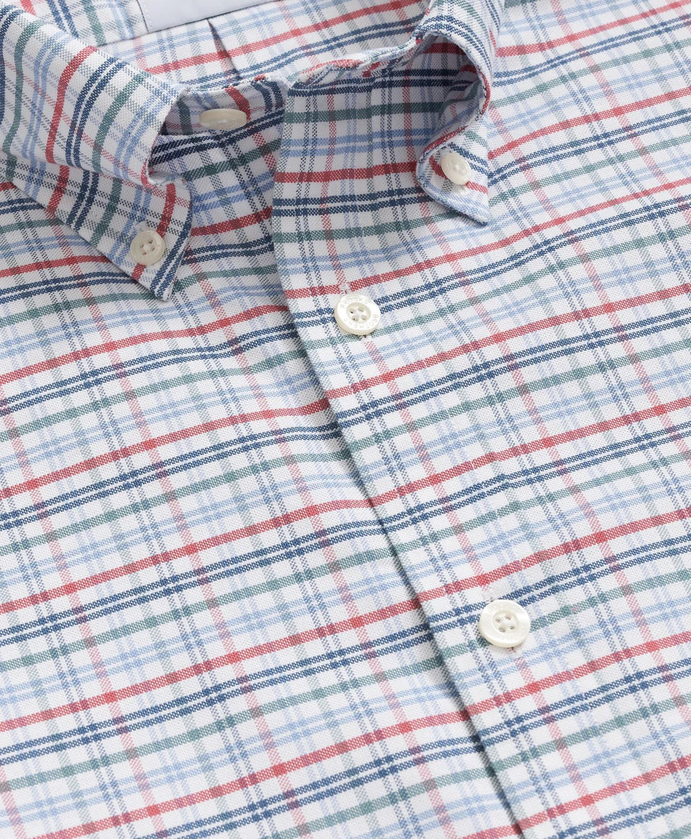 Stretch Cotton Non-Iron Oxford Polo Button Down Collar, Windowpane Short-Sleeve Shirt