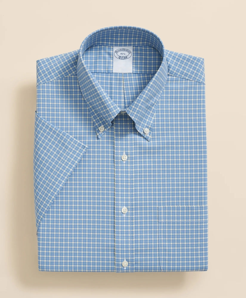 Stretch Supima® Cotton Non-Iron Broadcloth Polo Button-Down Collar, Checked Short-Sleeve Dress Shirt