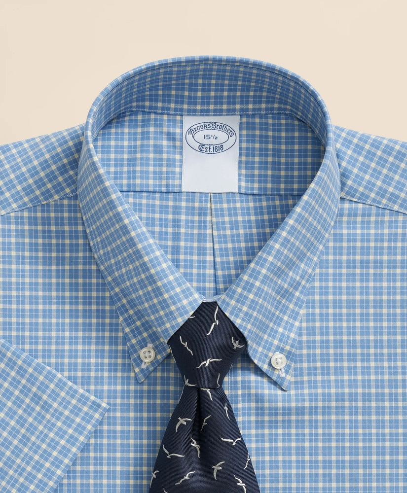 Stretch Supima® Cotton Non-Iron Broadcloth Polo Button-Down Collar, Checked Short-Sleeve Dress Shirt