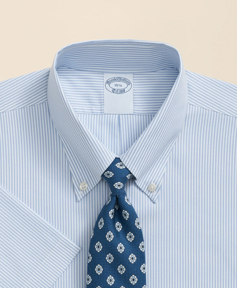 Stretch Supima® Cotton Non-Iron Polo Button Down Collar, Mini Stripe Short-Sleeve Dress Shirt