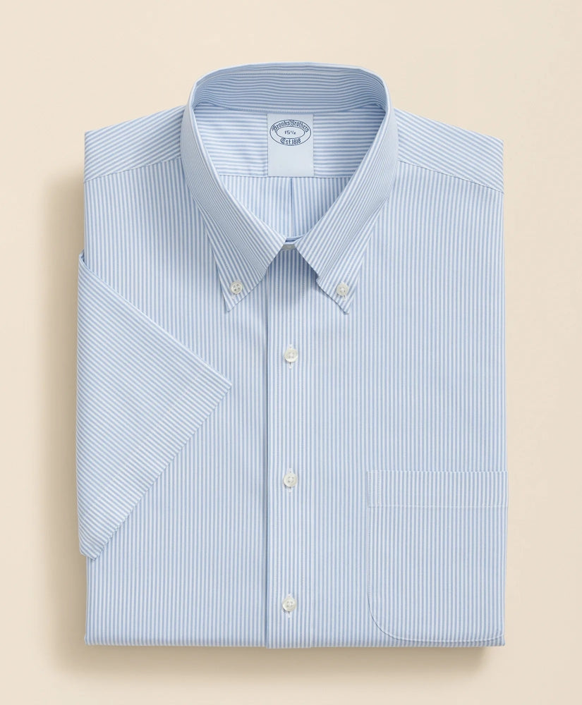 Stretch Supima® Cotton Non-Iron Polo Button Down Collar, Mini Stripe Short-Sleeve Dress Shirt