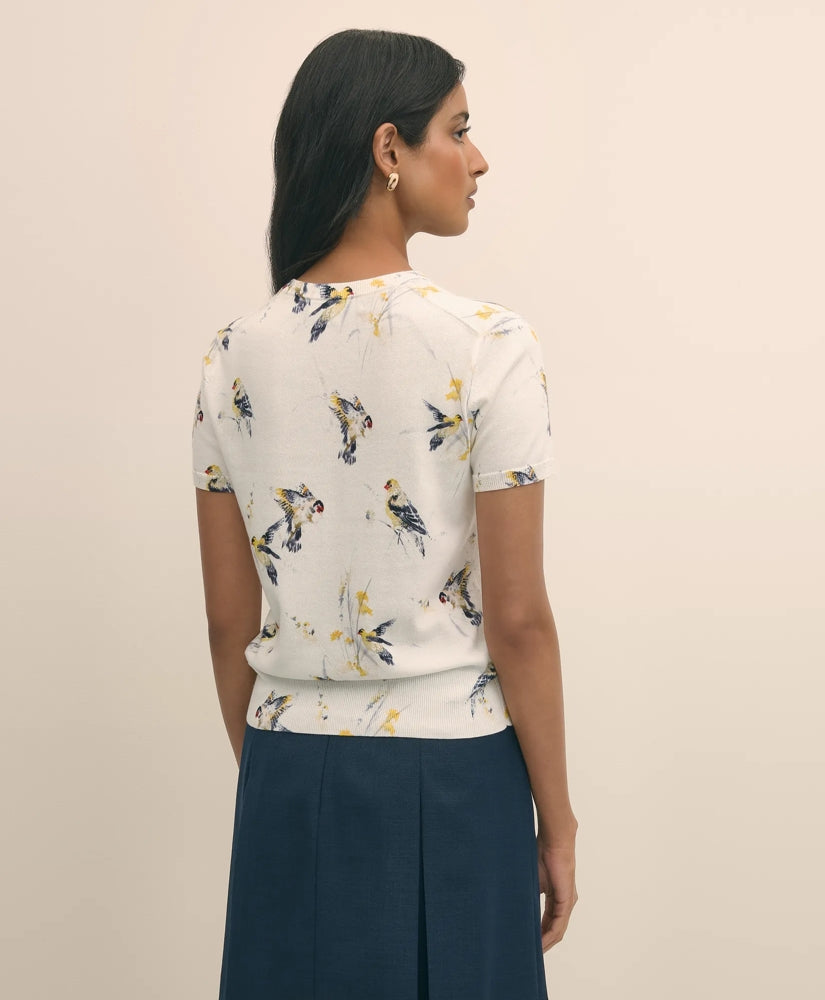 Cotton Short-Sleeve Sweater Shell in Bird Print