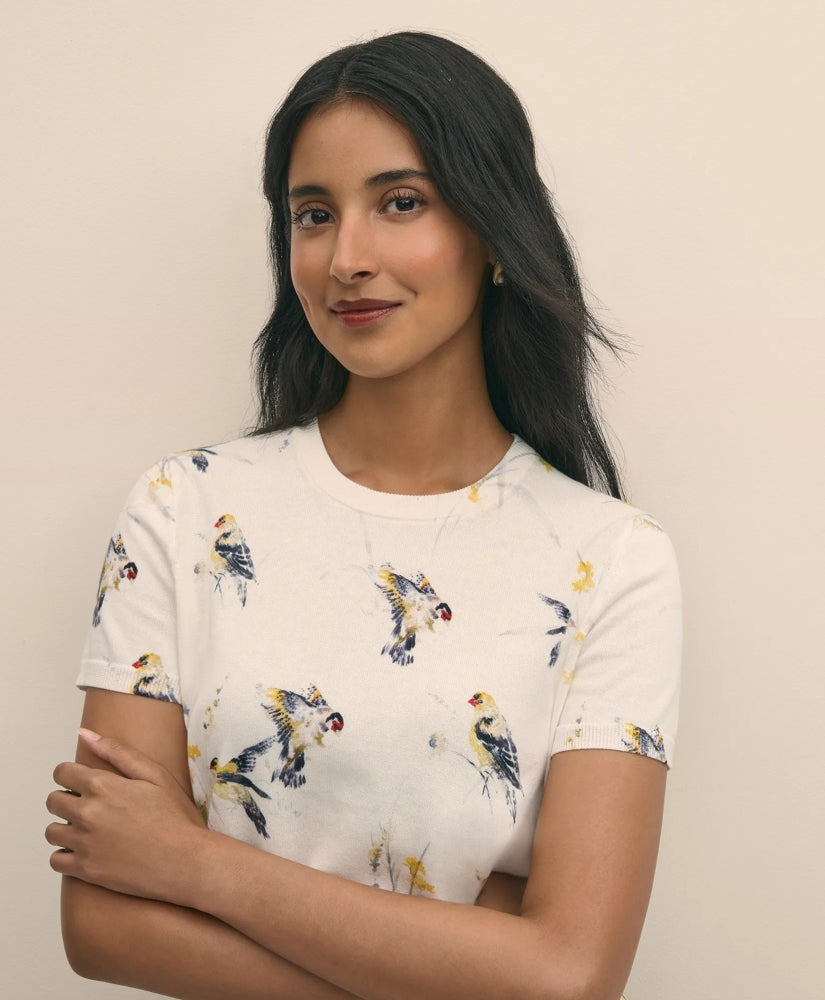 Cotton Short-Sleeve Sweater Shell in Bird Print