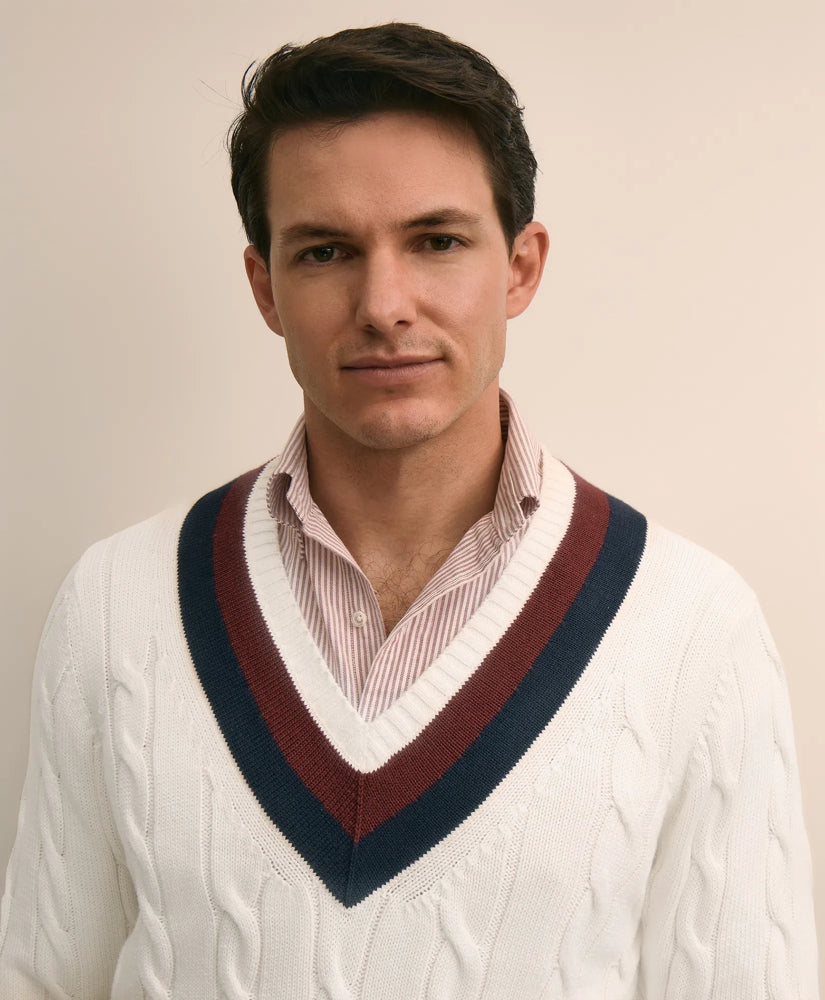 Vintage-Inspired Tennis V-Neck Sweater in Supima® Cotton