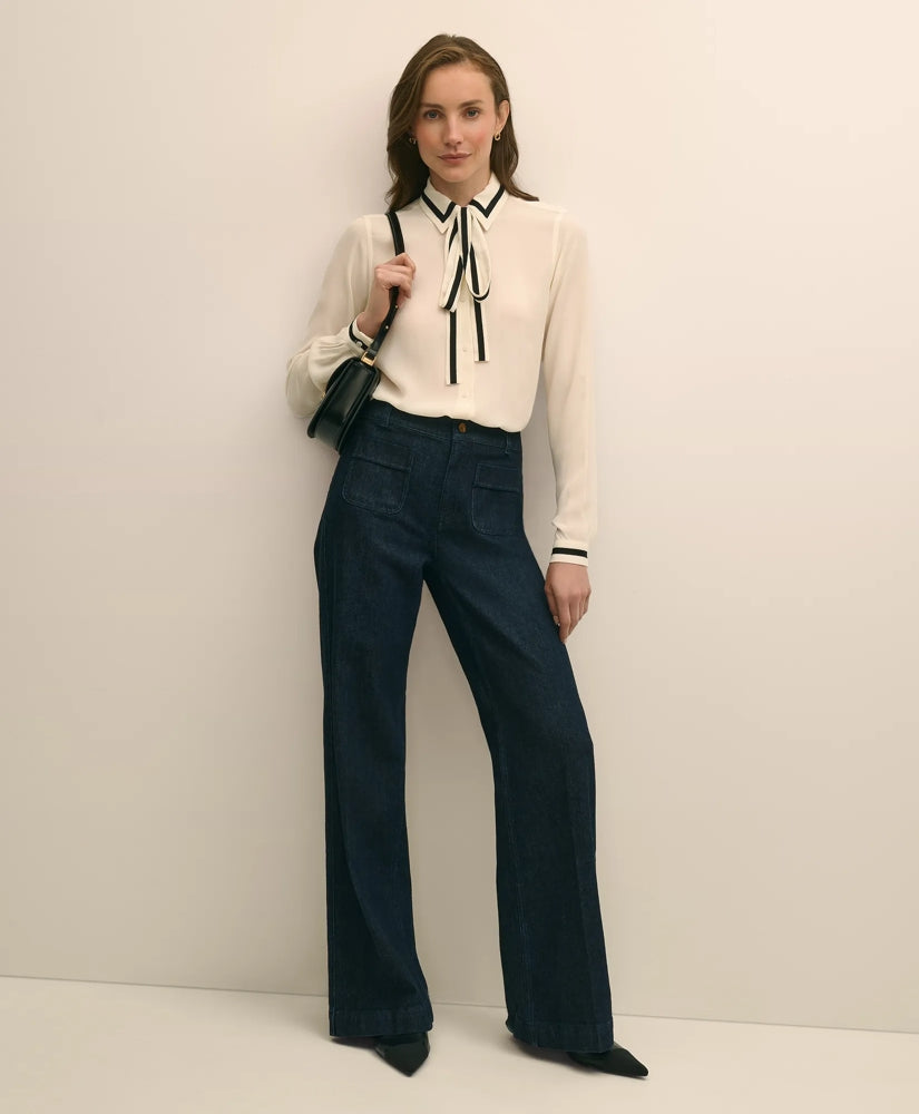 Viscose Contrast Tie-Neck Blouse