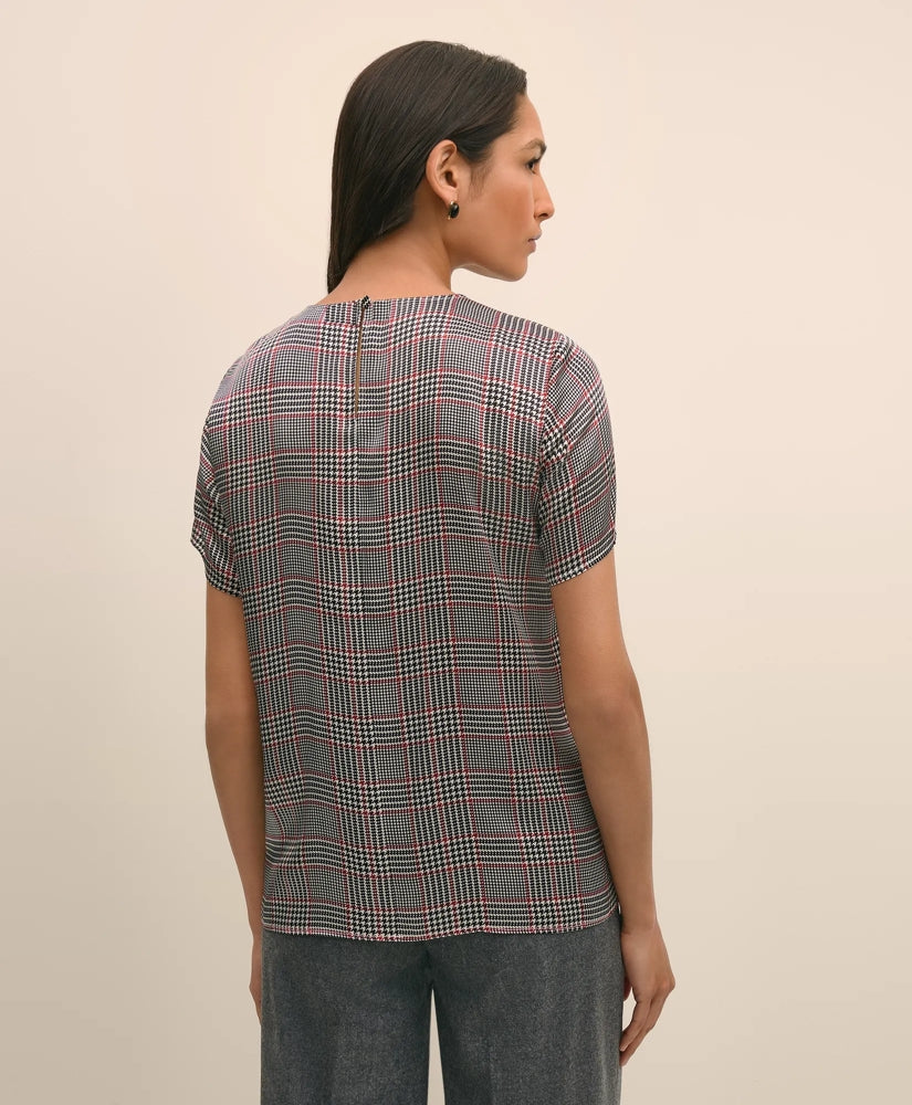 Washable Silk Charmeuse Plaid Short-Sleeve Top
