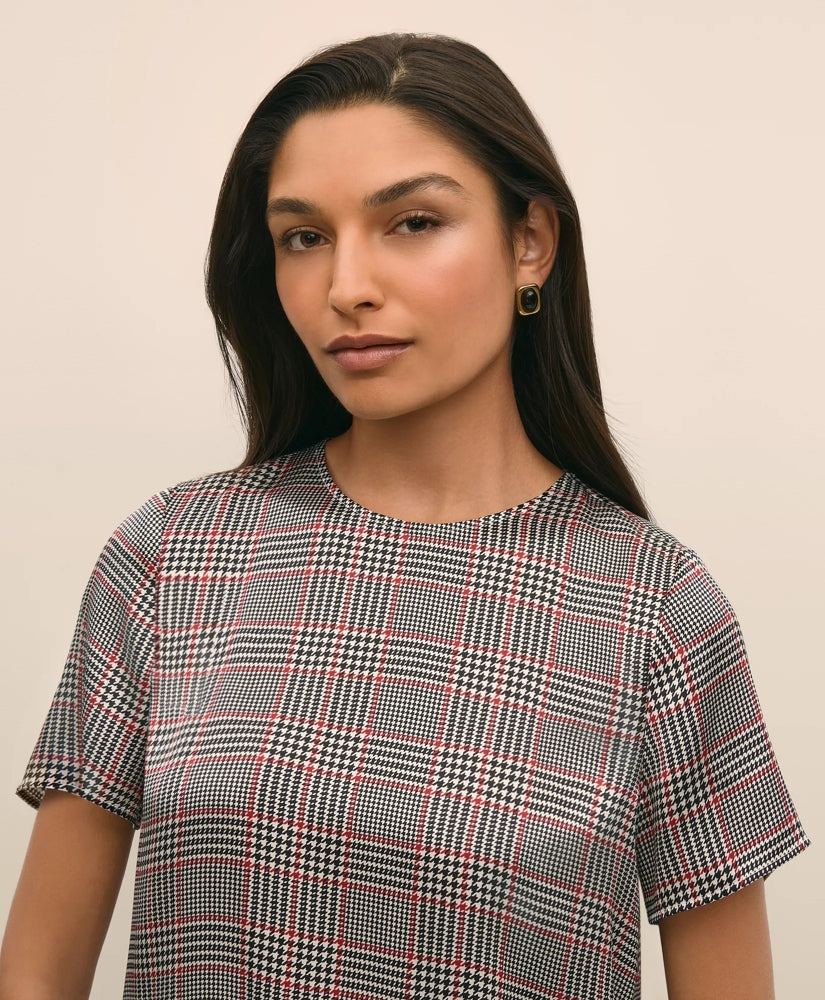 Washable Silk Charmeuse Plaid Short-Sleeve Top