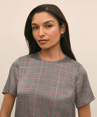 Washable Silk Charmeuse Plaid Short-Sleeve Top