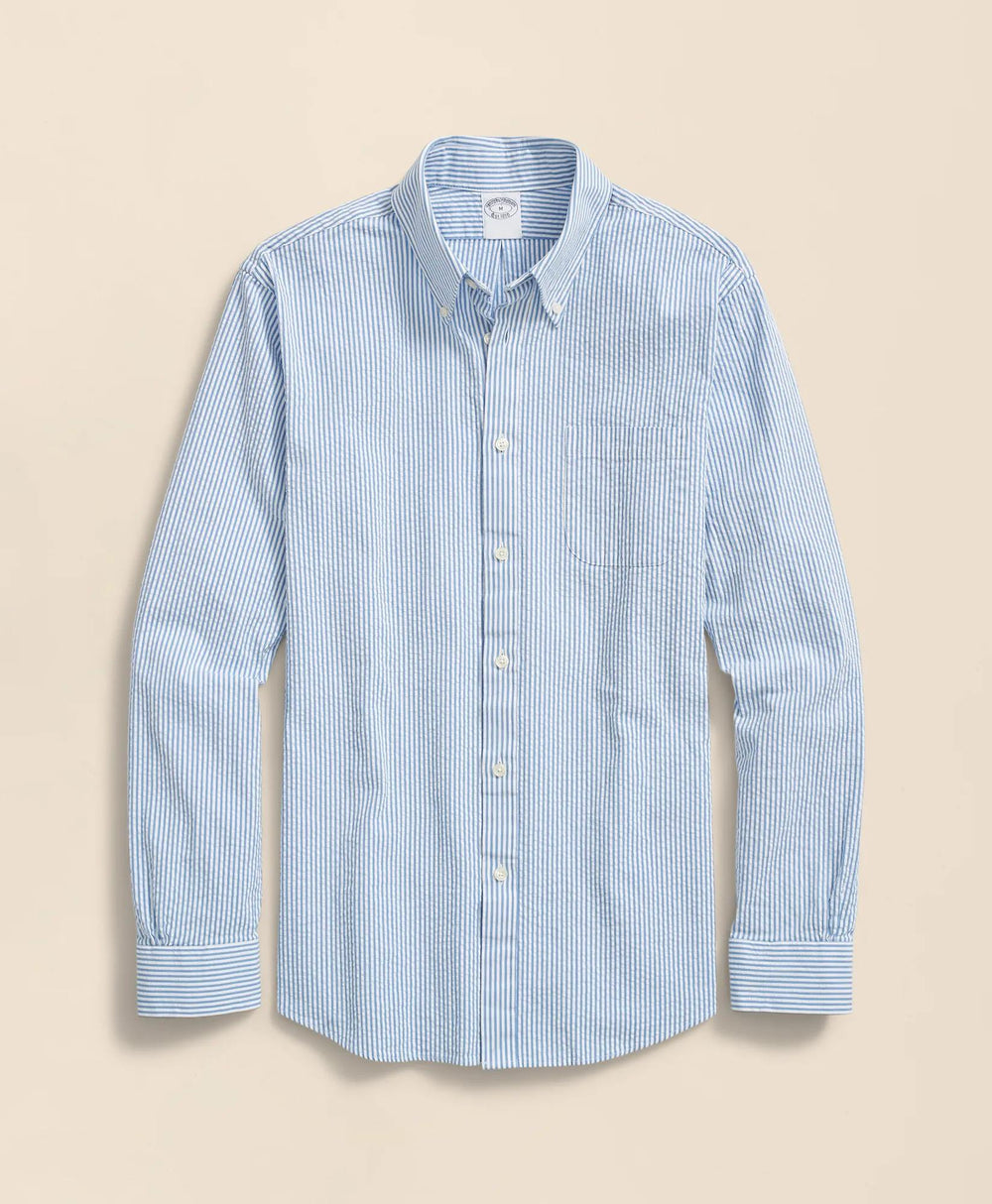 Washed Cotton Seersucker Button-Down Collar, Stripe Sport Shirt