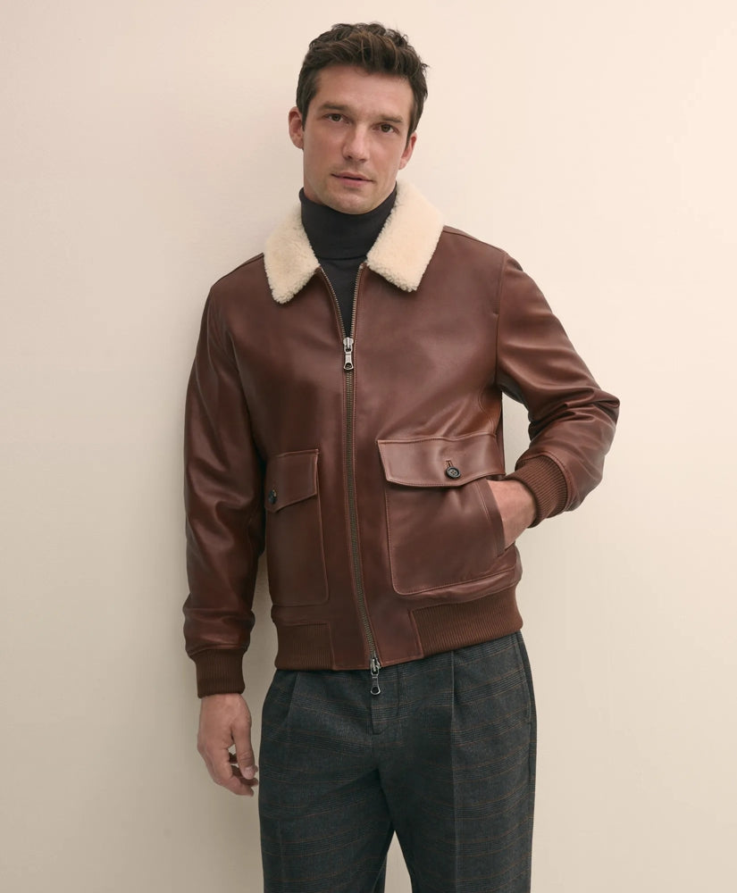 Washed Leather Bomber Jacket With Shearling Collar