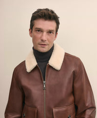 Washed Leather Bomber Jacket With Shearling Collar