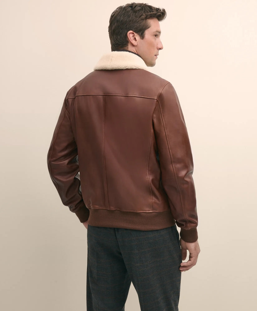 Washed Leather Bomber Jacket With Shearling Collar