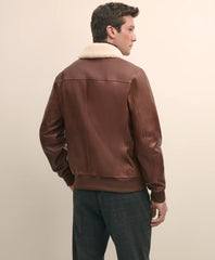 Washed Leather Bomber Jacket With Shearling Collar