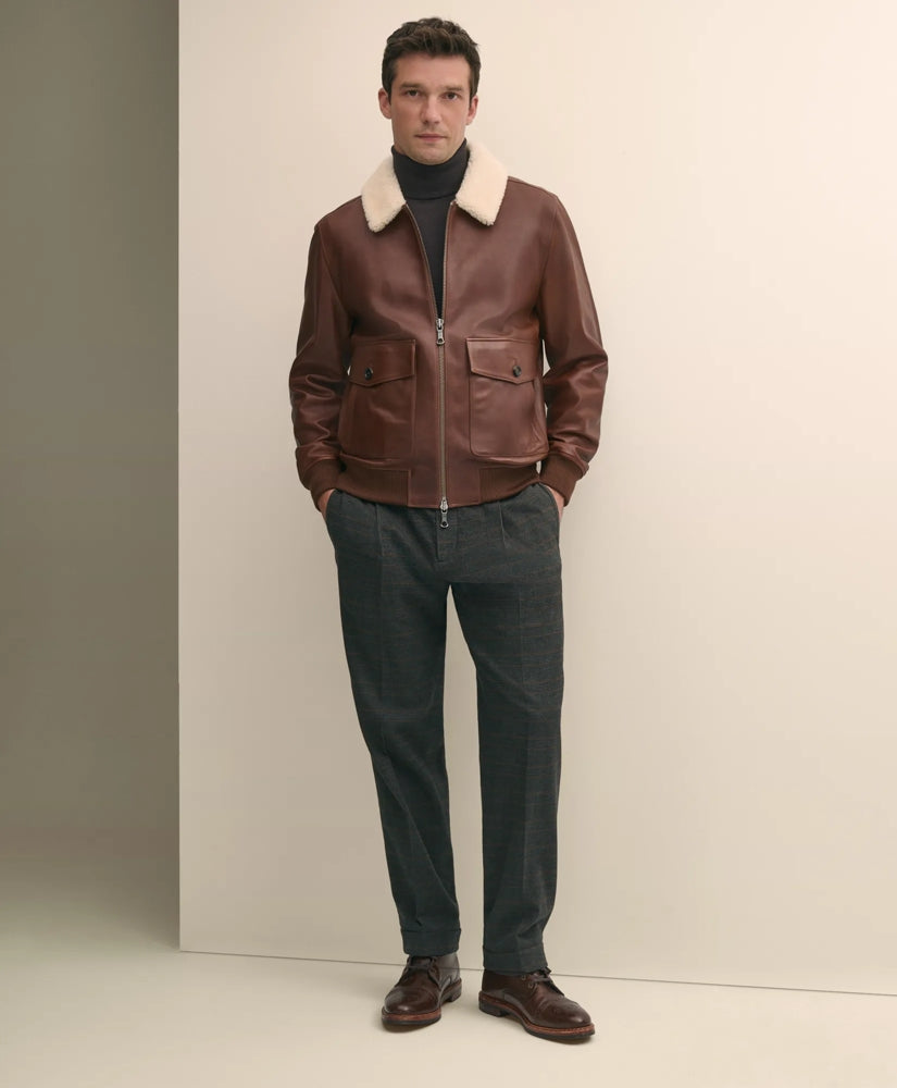 Washed Leather Bomber Jacket With Shearling Collar