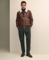 Washed Leather Bomber Jacket With Shearling Collar