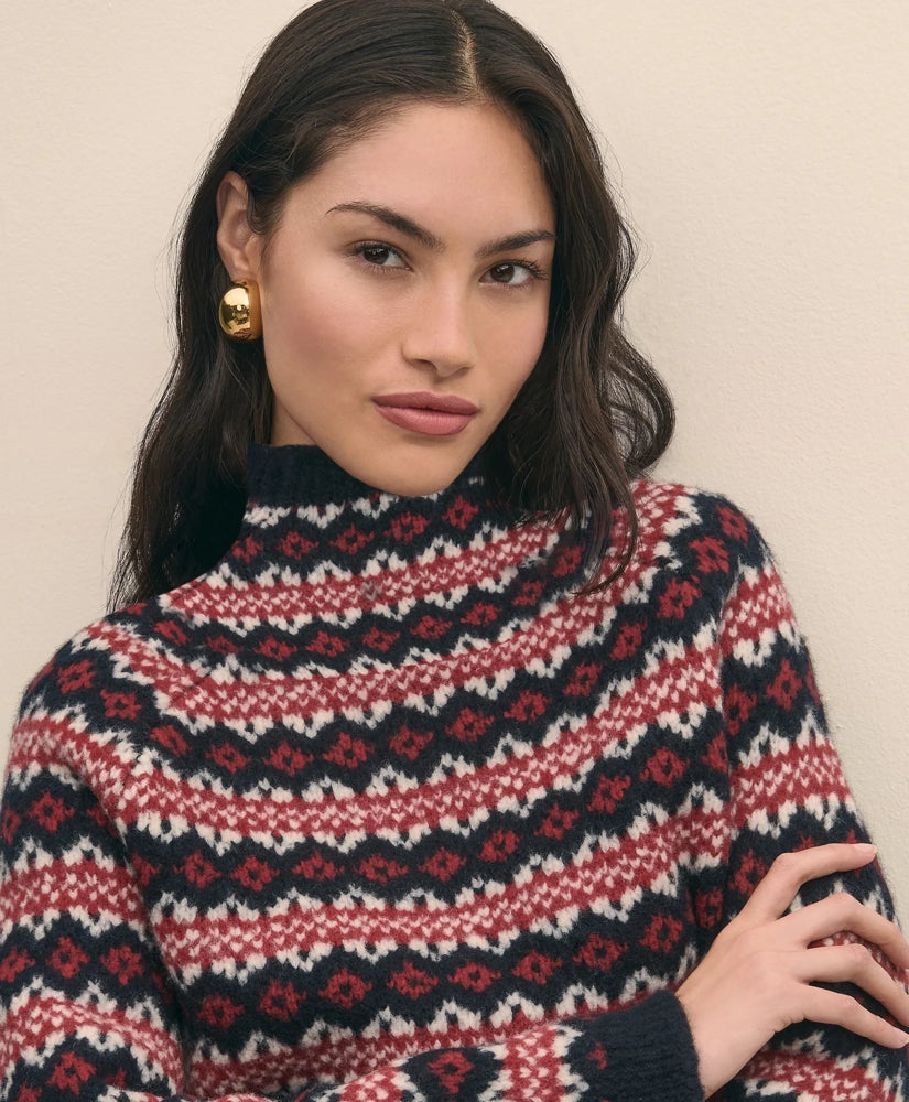 Wool Blend Funnel-Neck Fair Isle Sweater