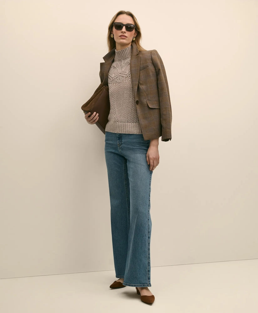 Wool Pointelle Open Knit Mock Neck Sweater