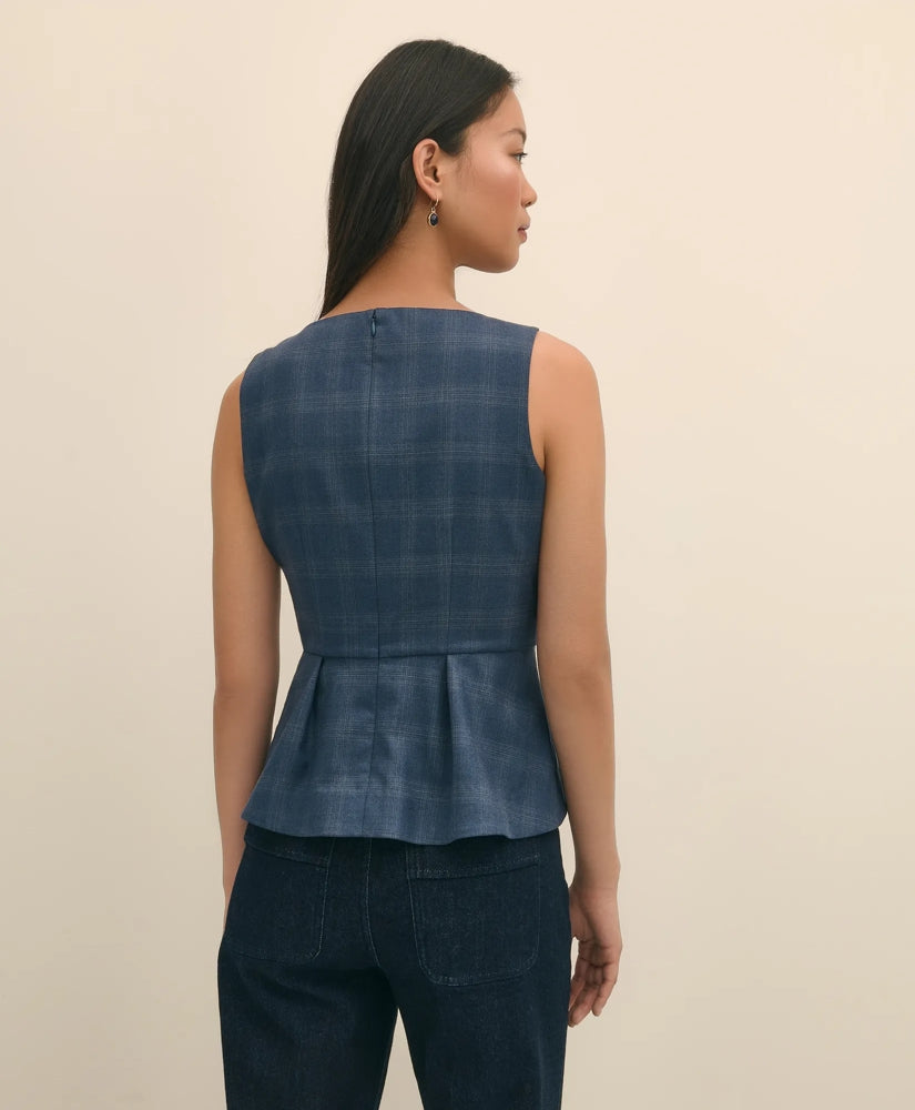 Wool-Silk Blend Sleeveless Plaid Peplum Top