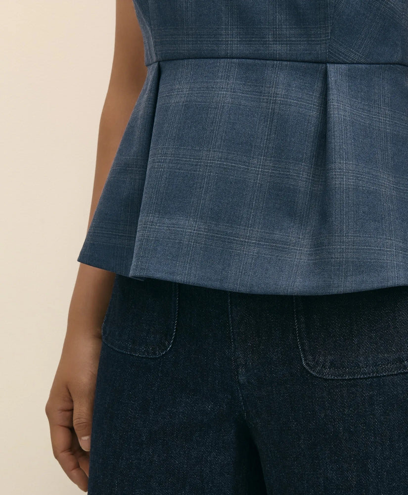 Wool-Silk Blend Sleeveless Plaid Peplum Top