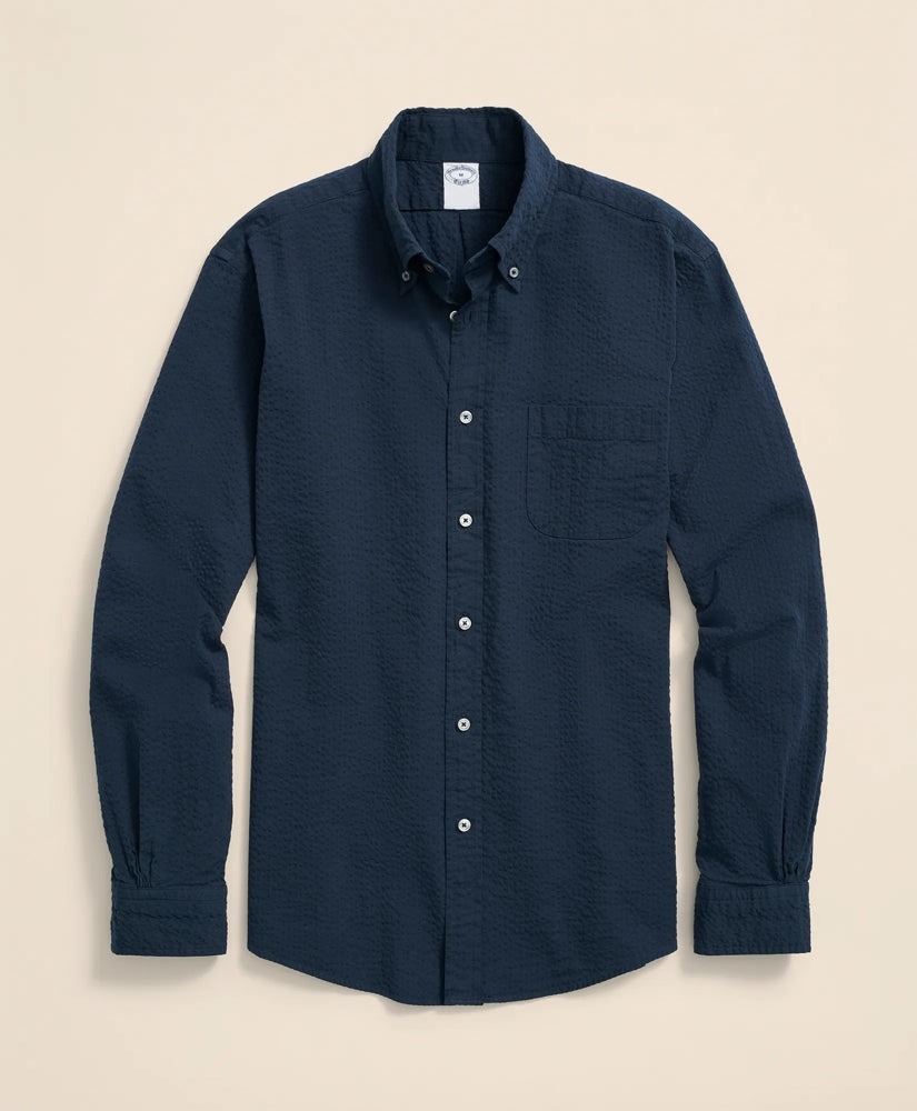Washed Cotton Seersucker Button-Down Collar Sport Shirt