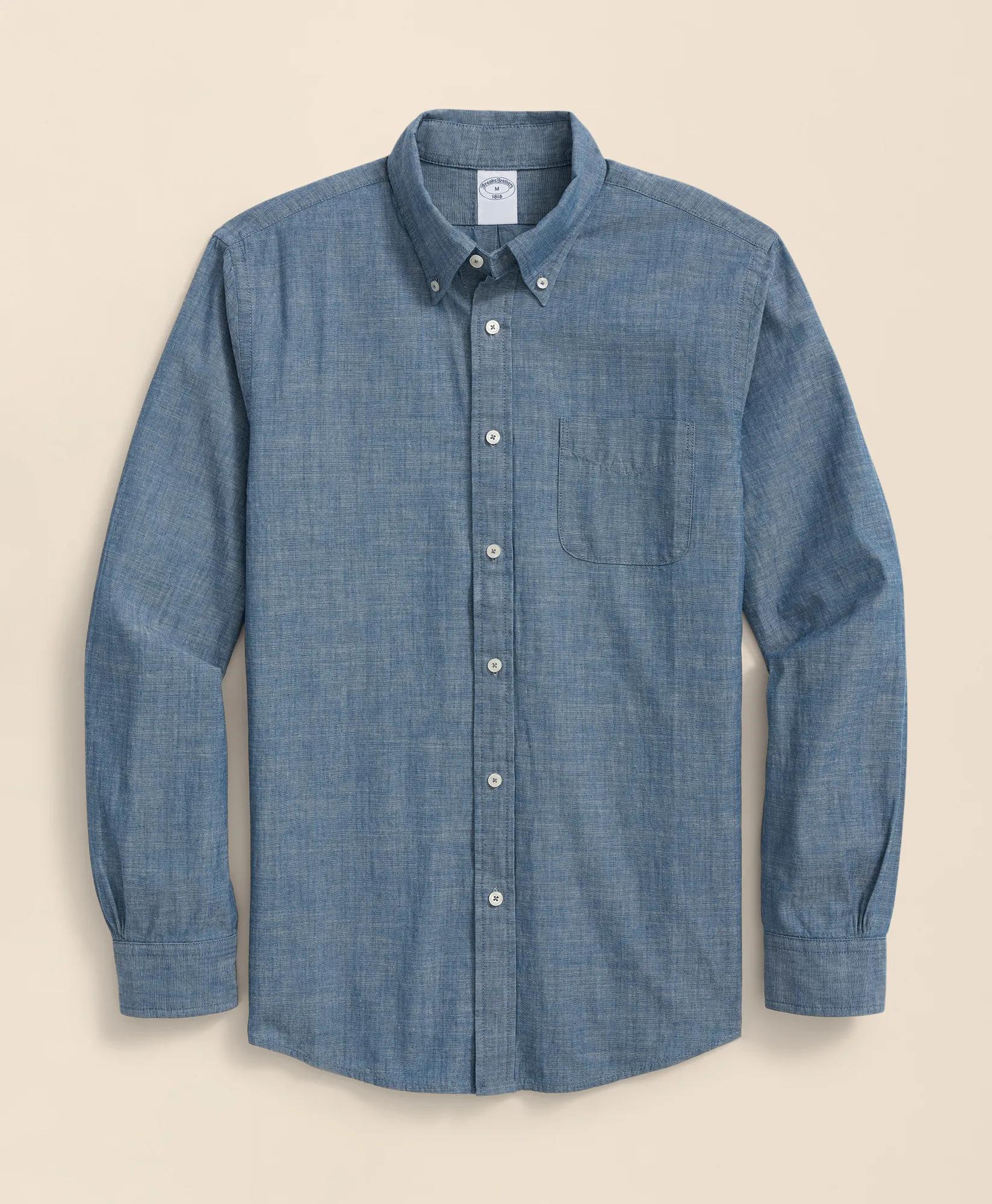 Chambray Cotton Poplin Polo Button Down Collar, Sport Shirt