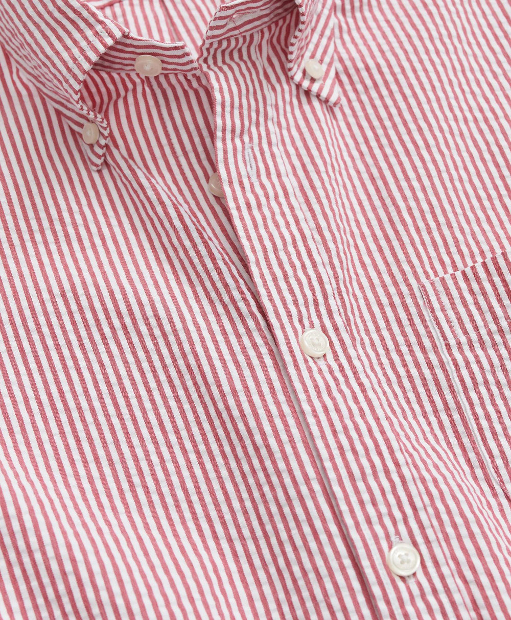 Washed Cotton Seersucker Button-Down Collar, Stripe Short-Sleeve Sport Shirt