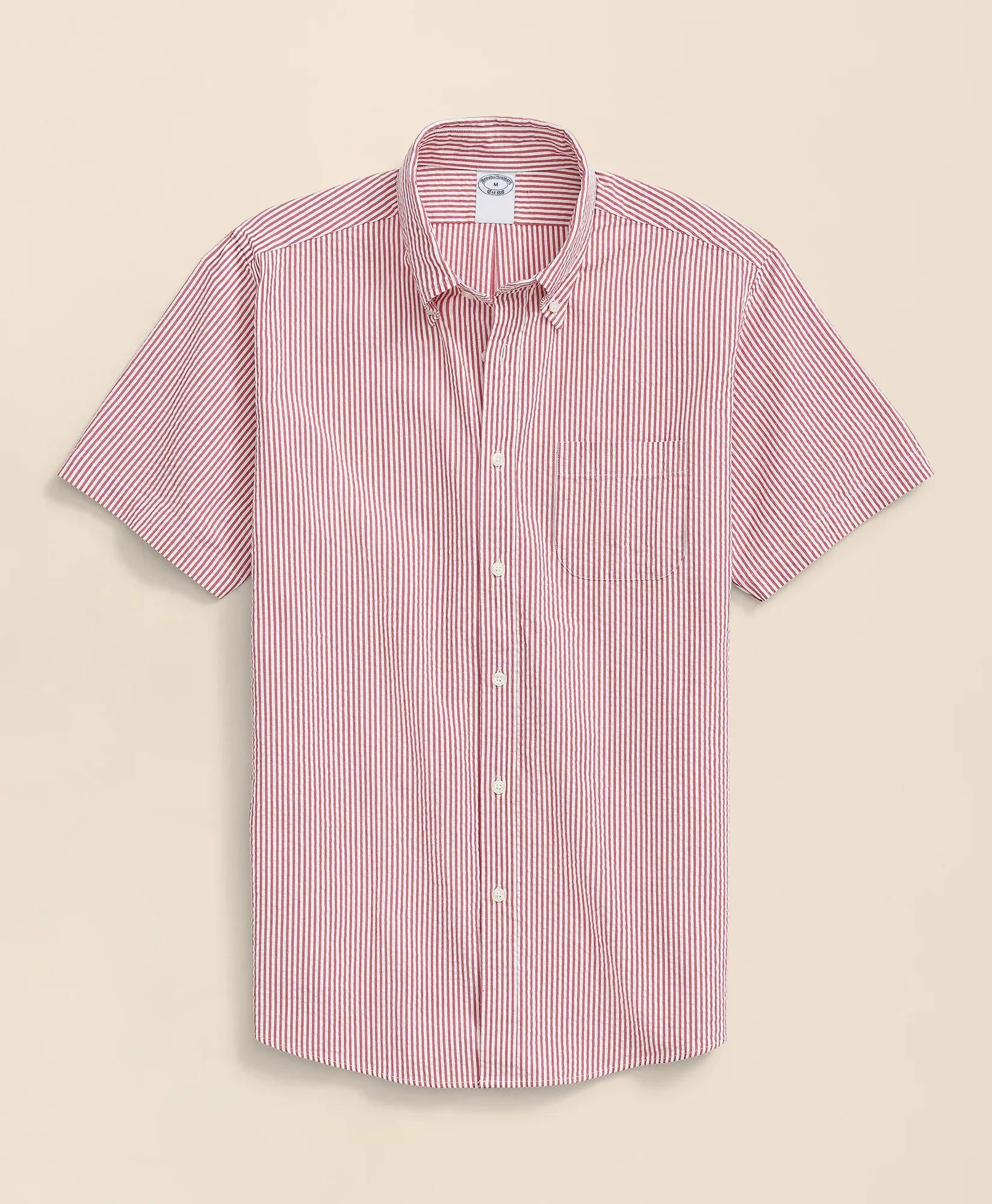 Washed Cotton Seersucker Button-Down Collar, Stripe Short-Sleeve Sport Shirt