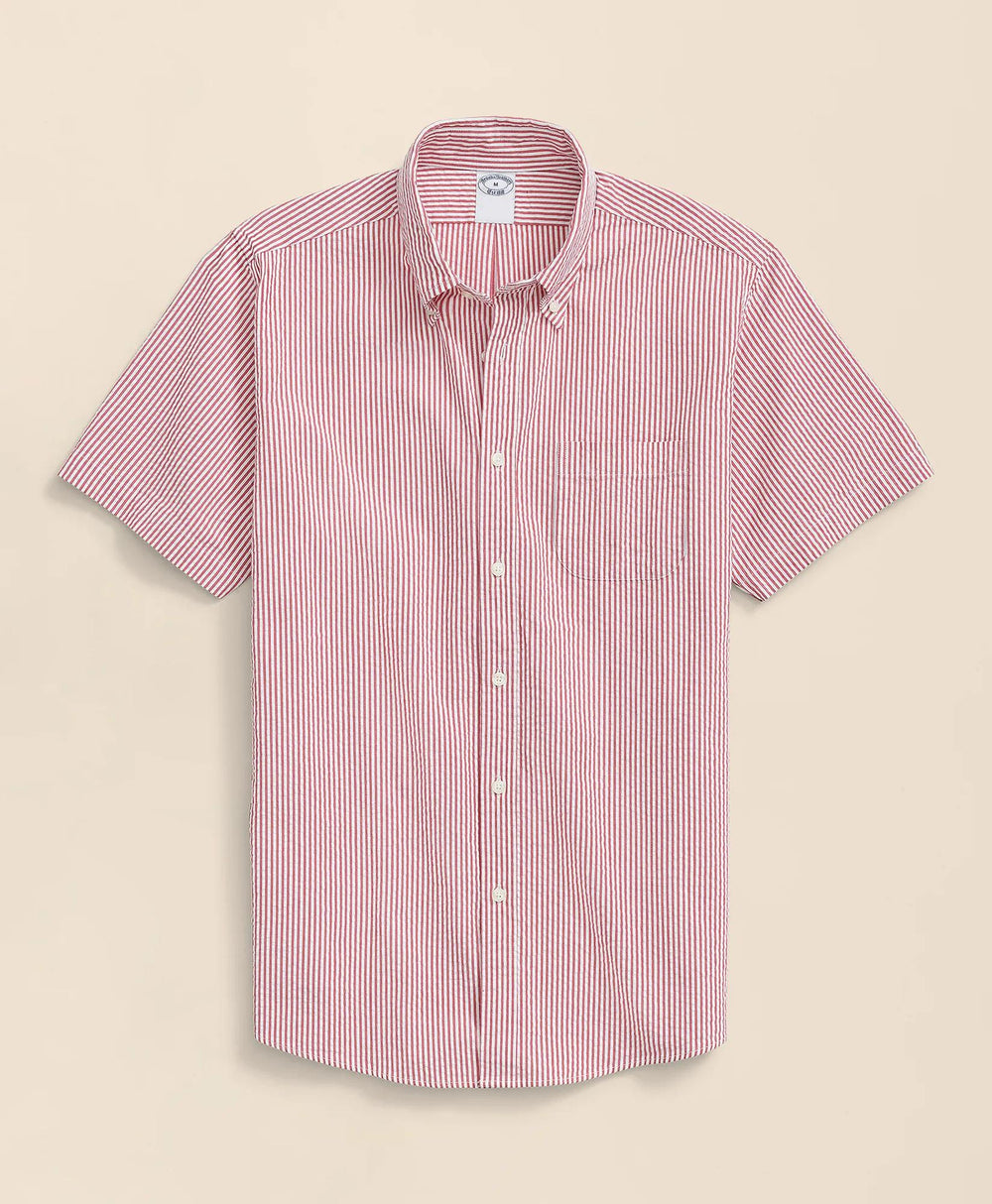 Washed Cotton Seersucker Button-Down Collar, Stripe Short-Sleeve Sport Shirt